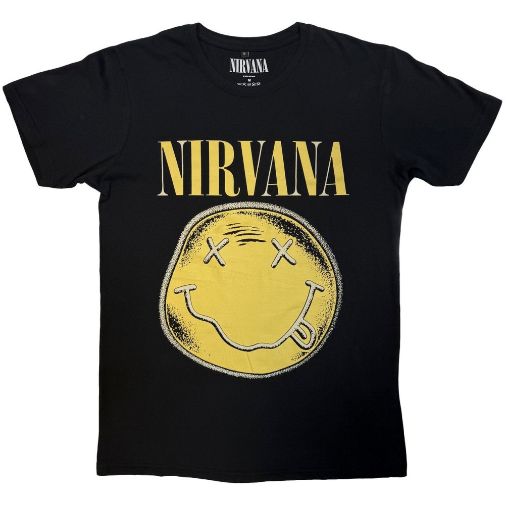 Nirvana - Happy Face Infill Distressed Mens Tshirt - Black